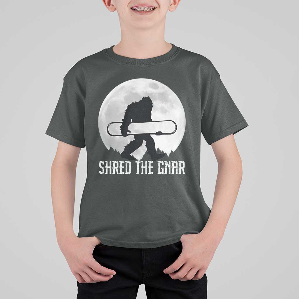 Funny Bigfoot Snowboarding T Shirt For Kid Shred The Gnar Moon Snowboard - Wonder Print Shop