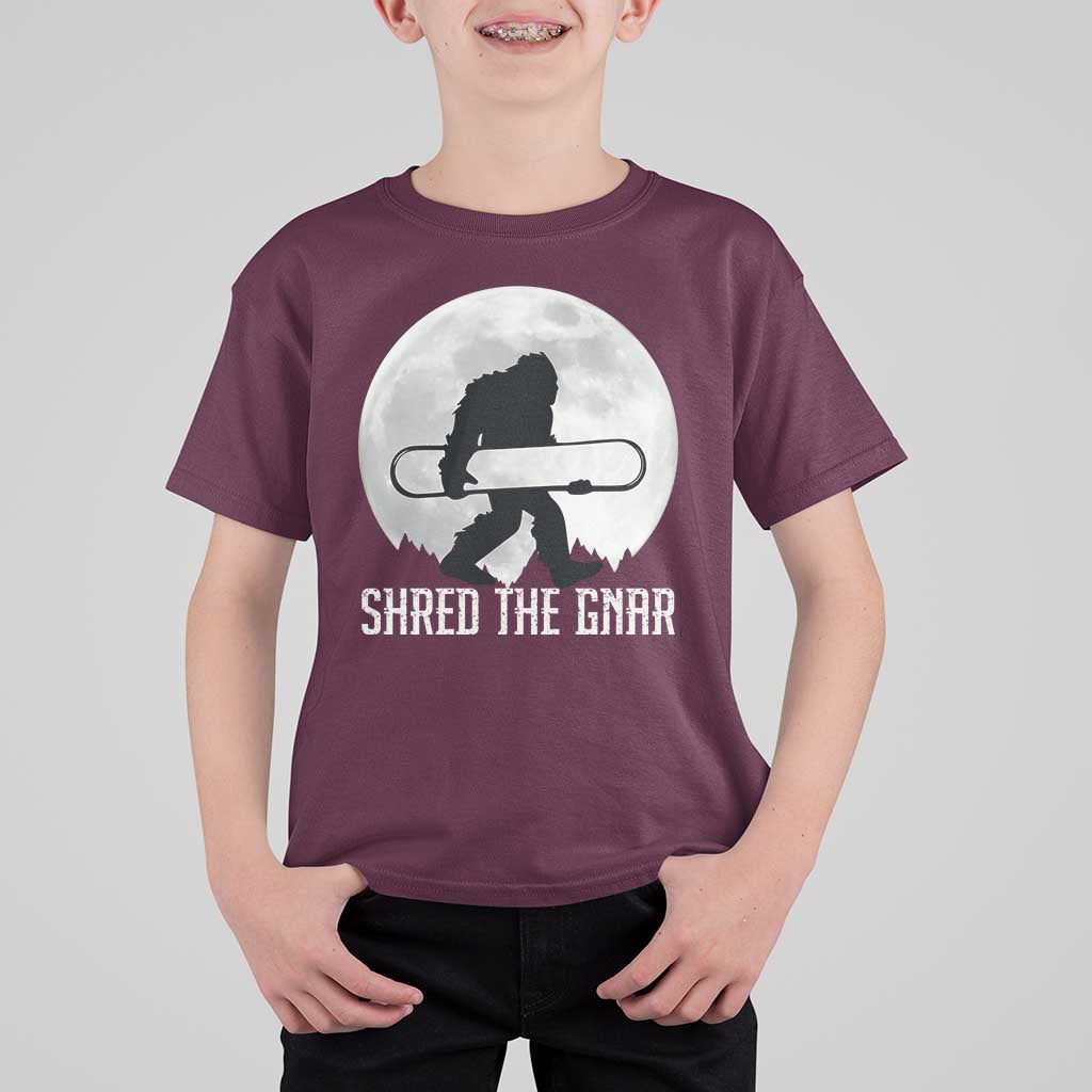 Funny Bigfoot Snowboarding T Shirt For Kid Shred The Gnar Moon Snowboard - Wonder Print Shop