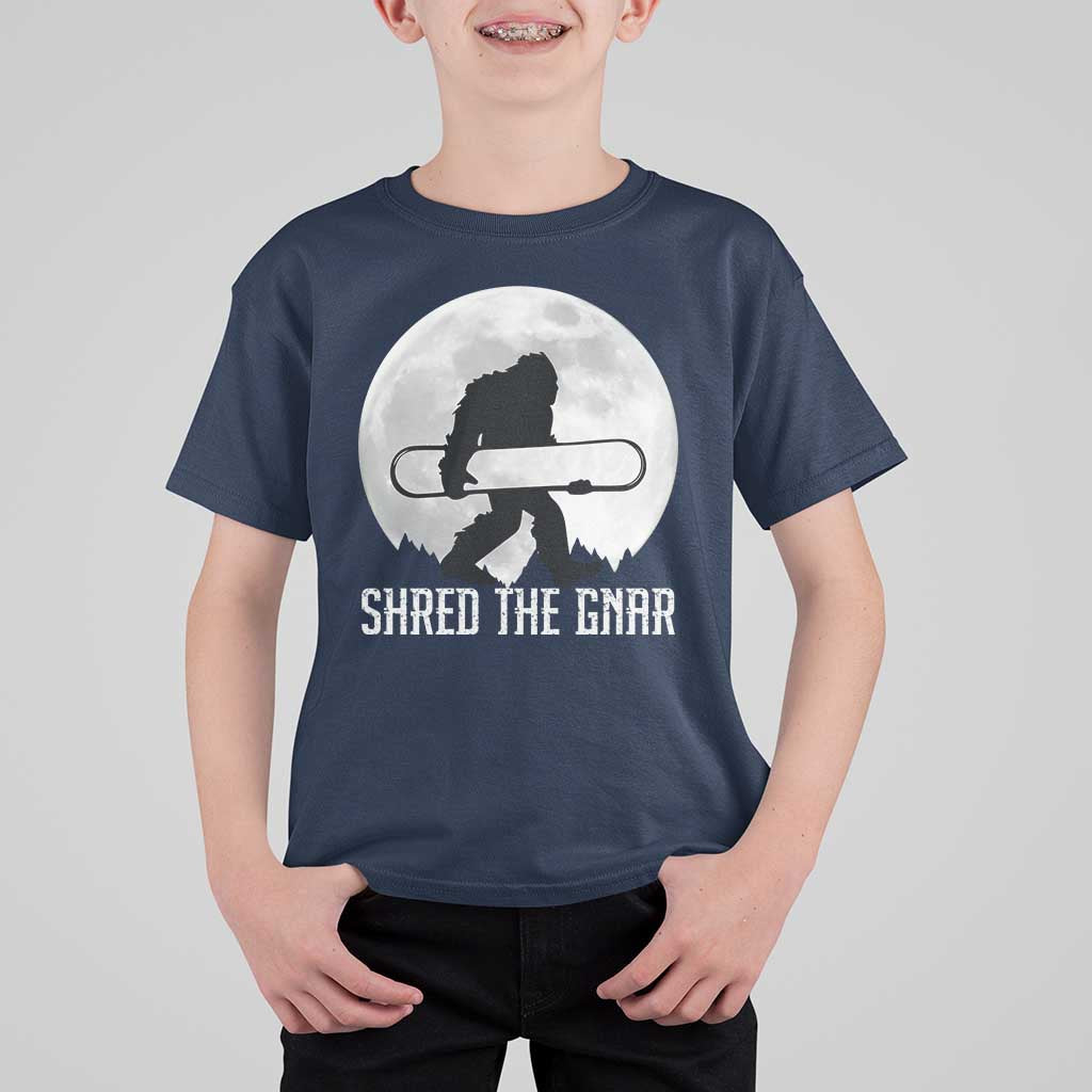 Funny Bigfoot Snowboarding T Shirt For Kid Shred The Gnar Moon Snowboard - Wonder Print Shop