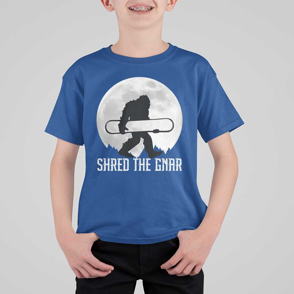 Funny Bigfoot Snowboarding T Shirt For Kid Shred The Gnar Moon Snowboard - Wonder Print Shop
