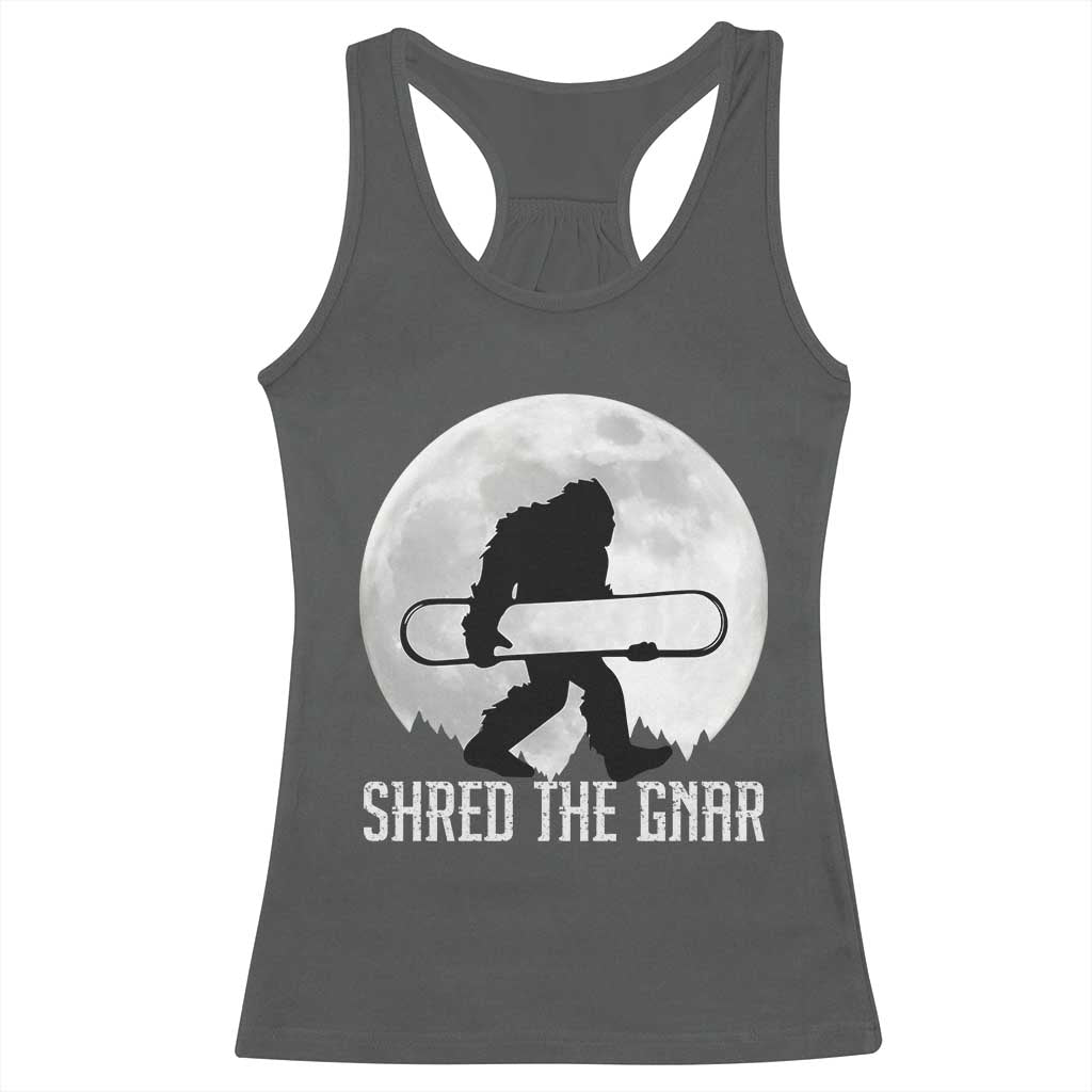 Funny Bigfoot Snowboarding Racerback Tank Top Shred The Gnar Moon Snowboard