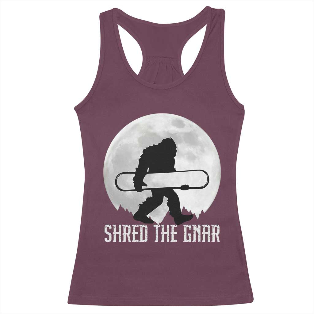 Funny Bigfoot Snowboarding Racerback Tank Top Shred The Gnar Moon Snowboard