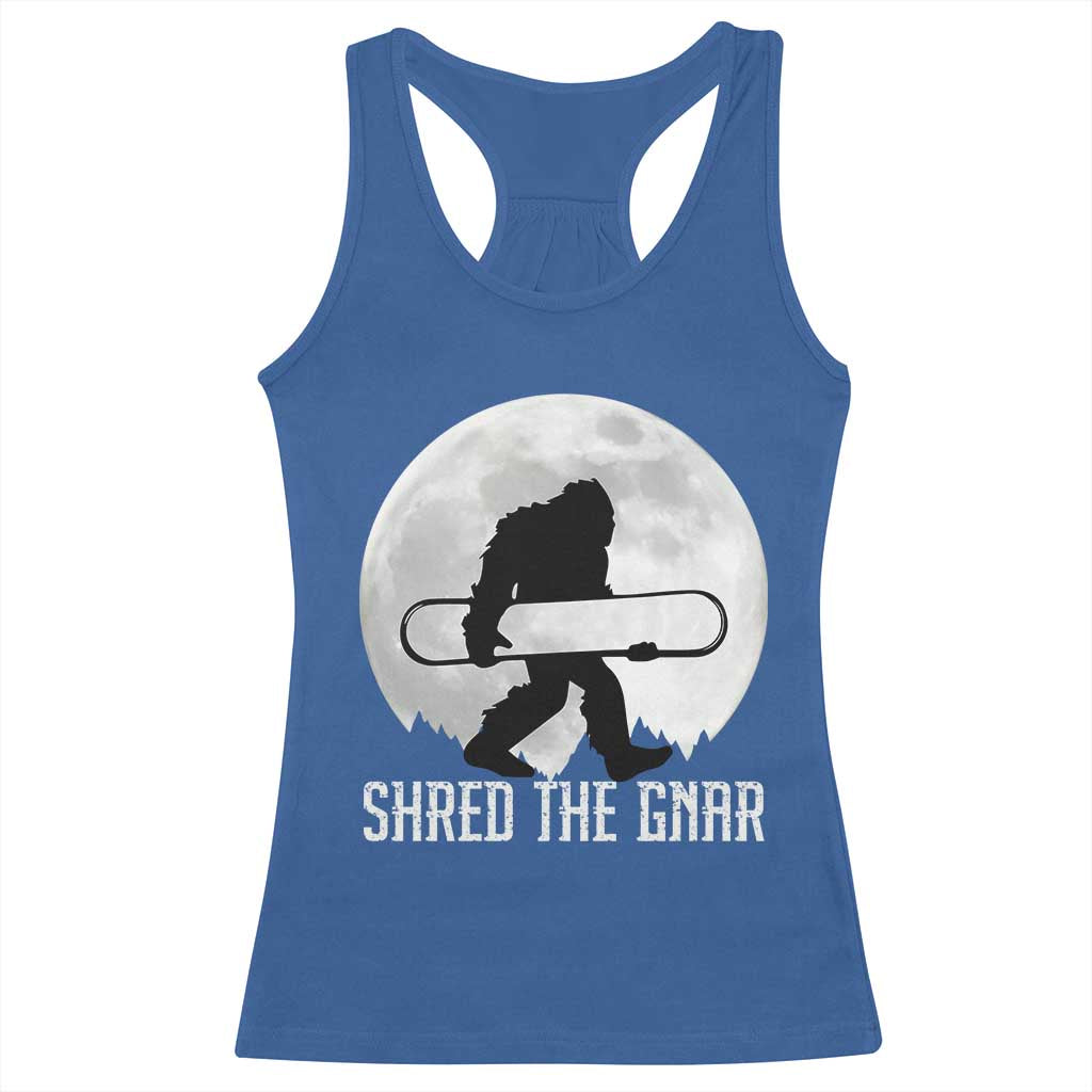 Funny Bigfoot Snowboarding Racerback Tank Top Shred The Gnar Moon Snowboard