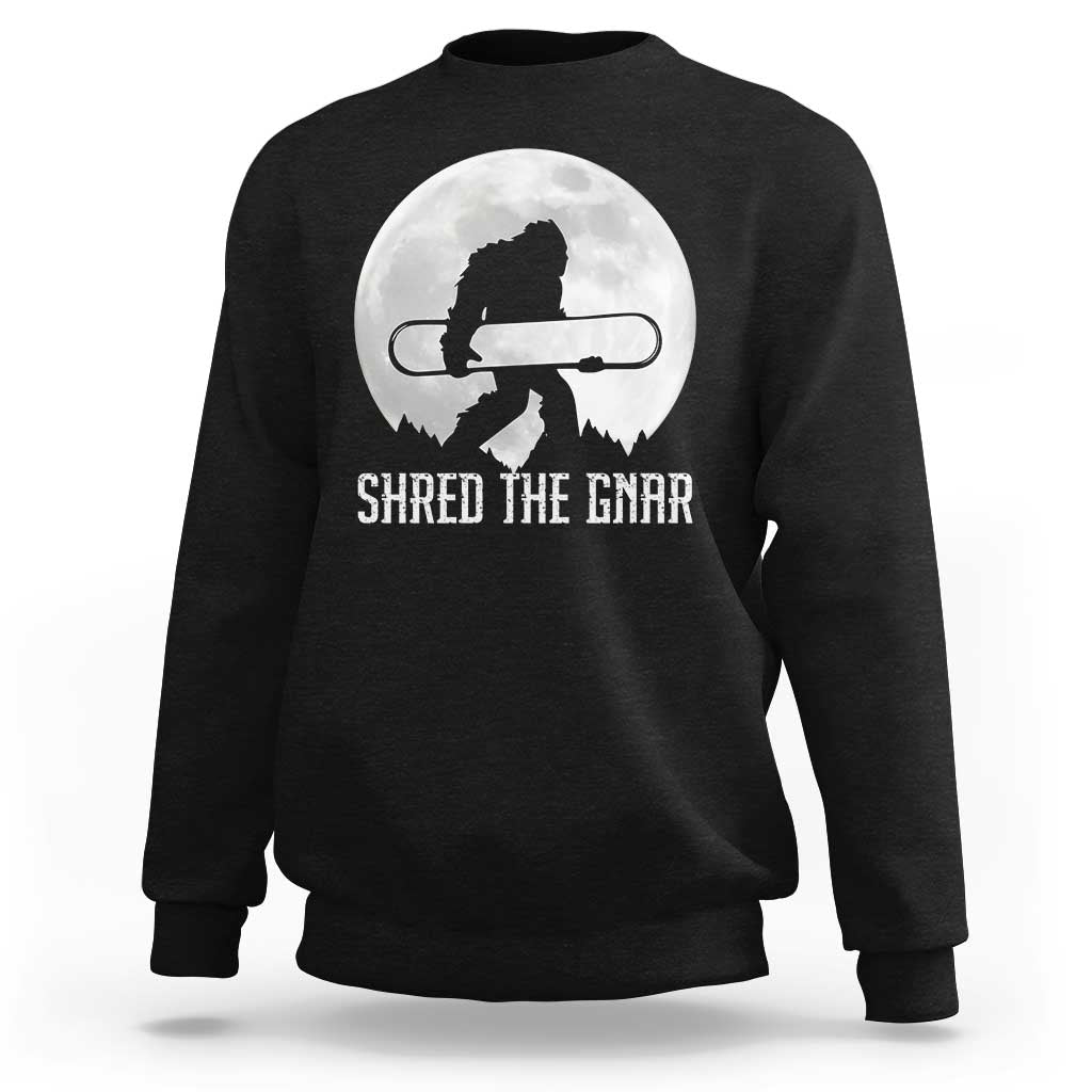 Funny Bigfoot Snowboarding Sweatshirt Shred The Gnar Moon Snowboard - Wonder Print Shop