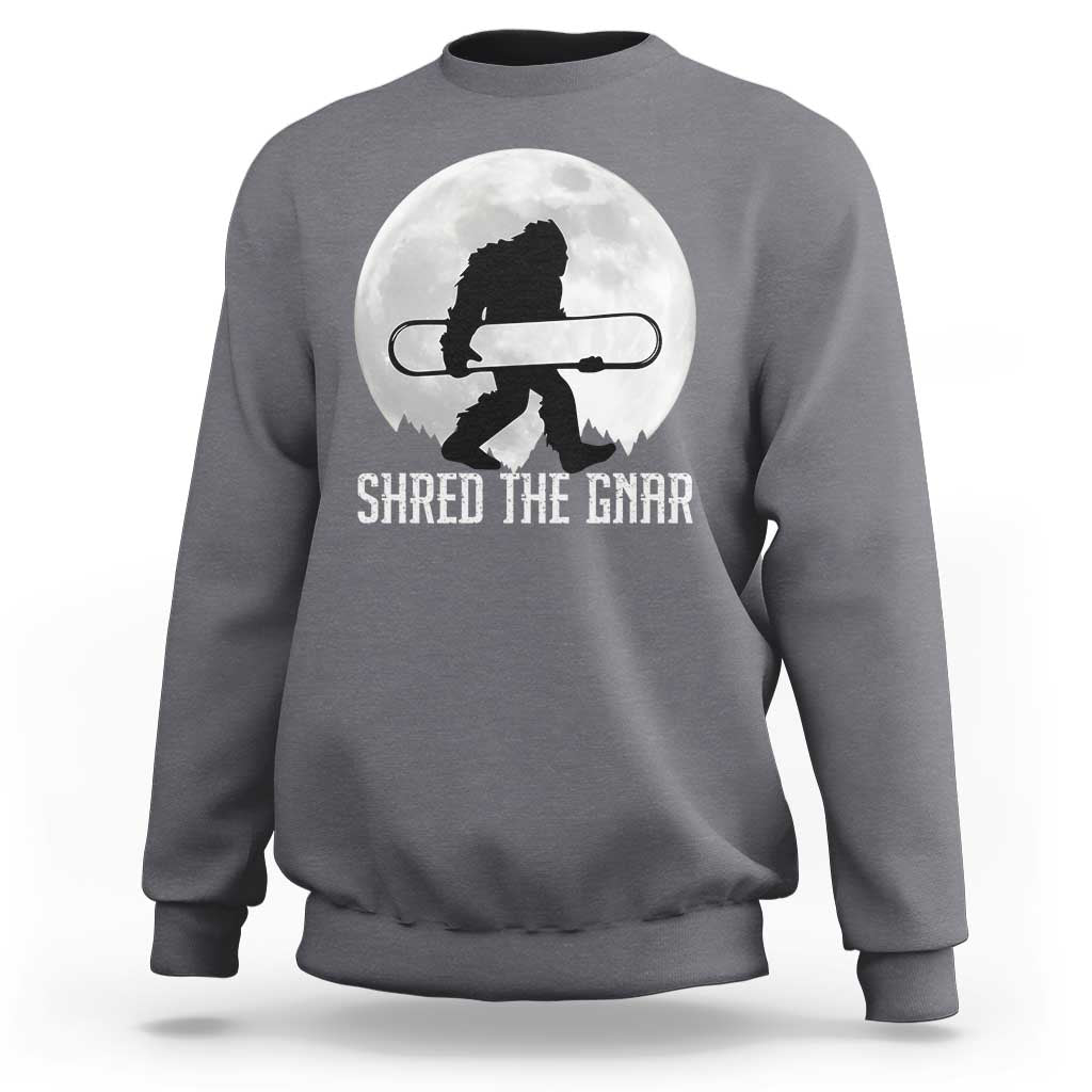 Funny Bigfoot Snowboarding Sweatshirt Shred The Gnar Moon Snowboard - Wonder Print Shop