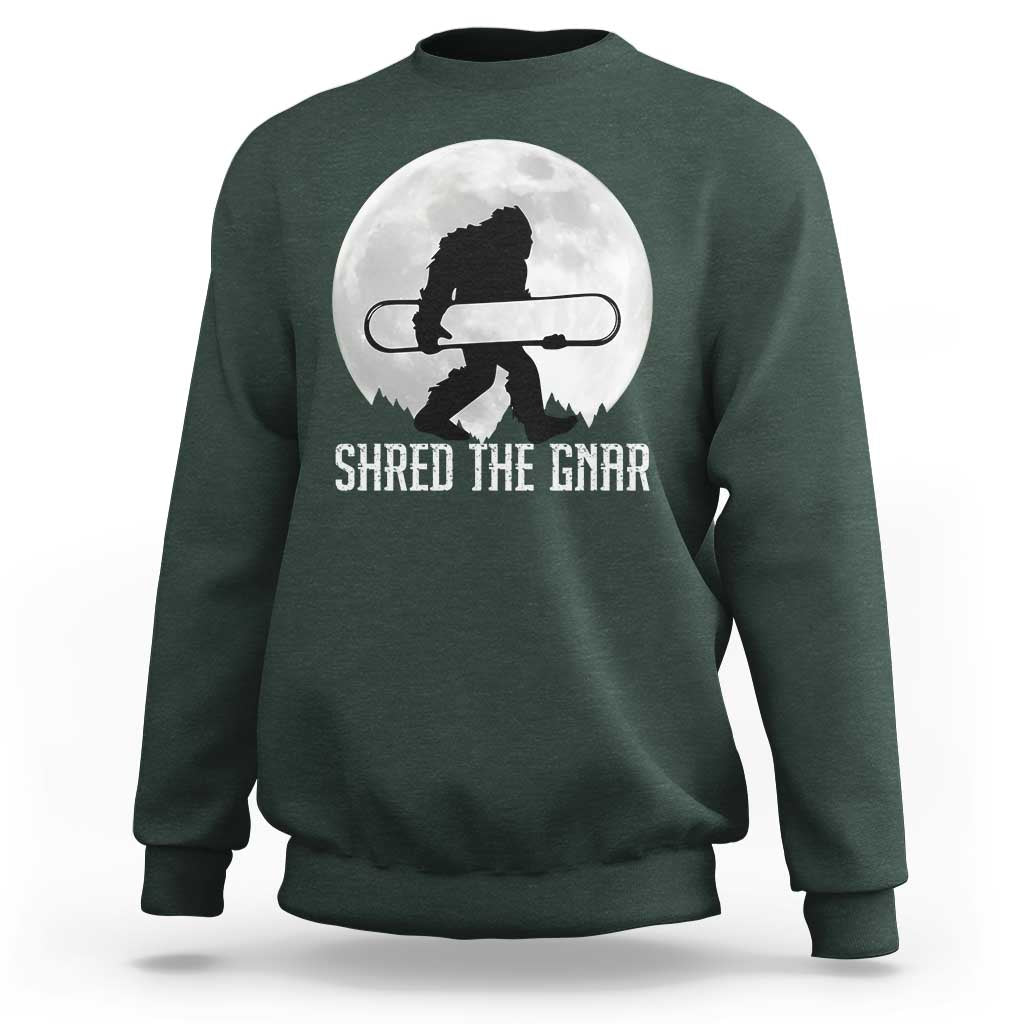Funny Bigfoot Snowboarding Sweatshirt Shred The Gnar Moon Snowboard - Wonder Print Shop