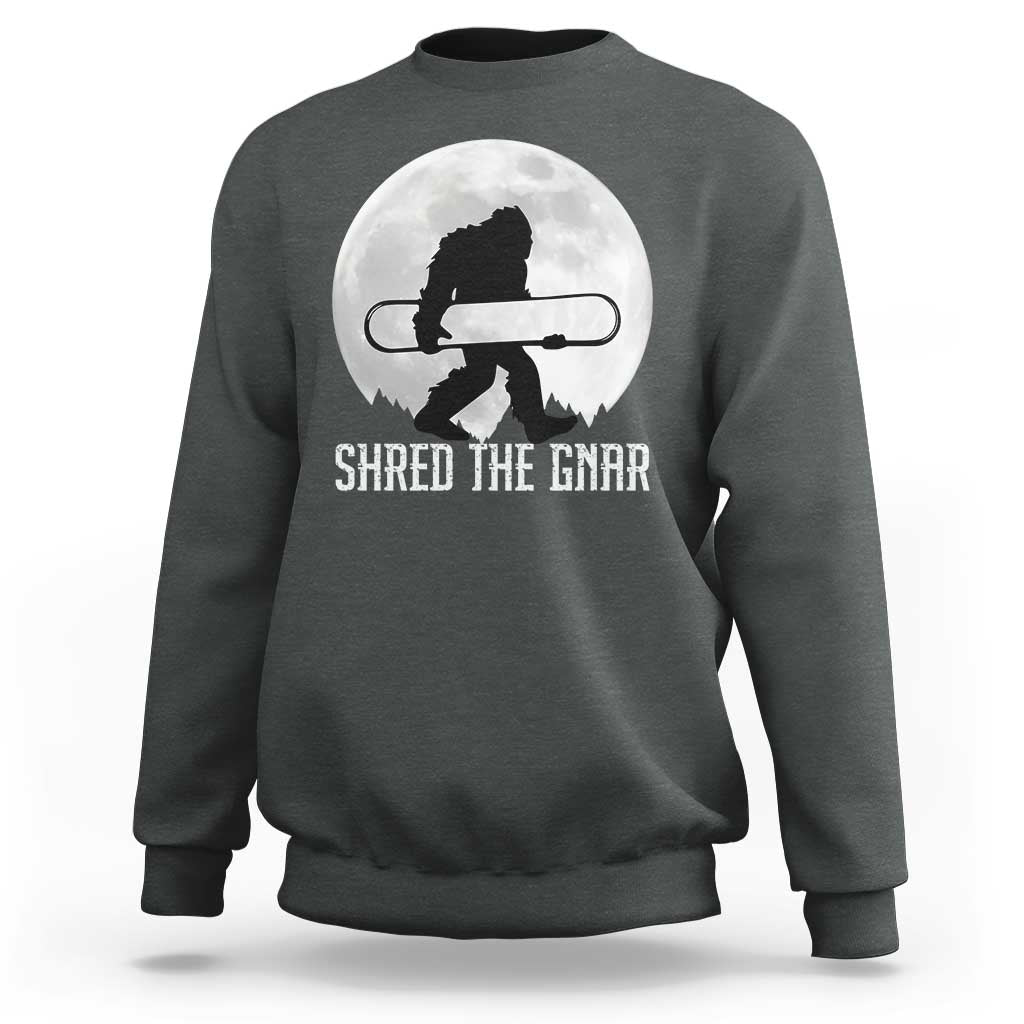 Funny Bigfoot Snowboarding Sweatshirt Shred The Gnar Moon Snowboard - Wonder Print Shop