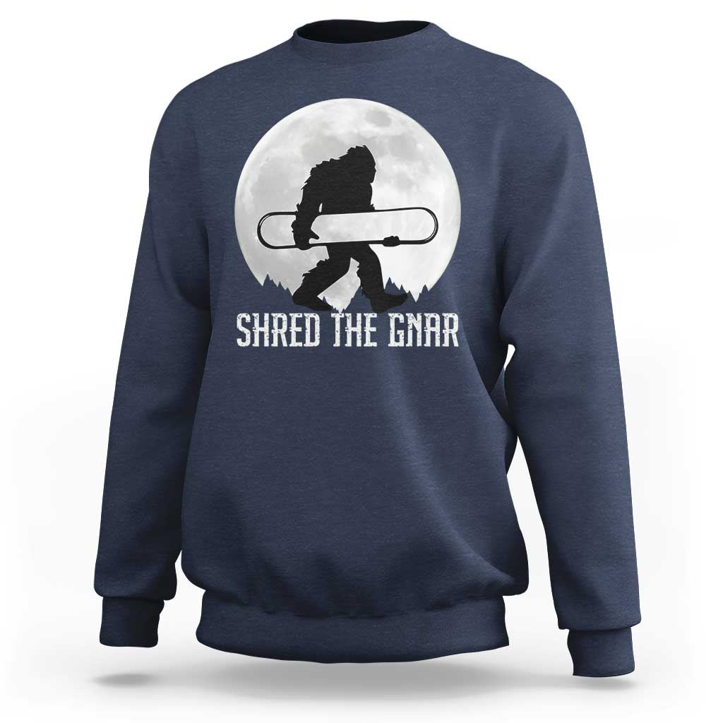 Funny Bigfoot Snowboarding Sweatshirt Shred The Gnar Moon Snowboard - Wonder Print Shop