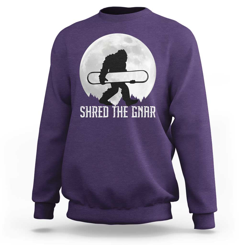 Funny Bigfoot Snowboarding Sweatshirt Shred The Gnar Moon Snowboard - Wonder Print Shop