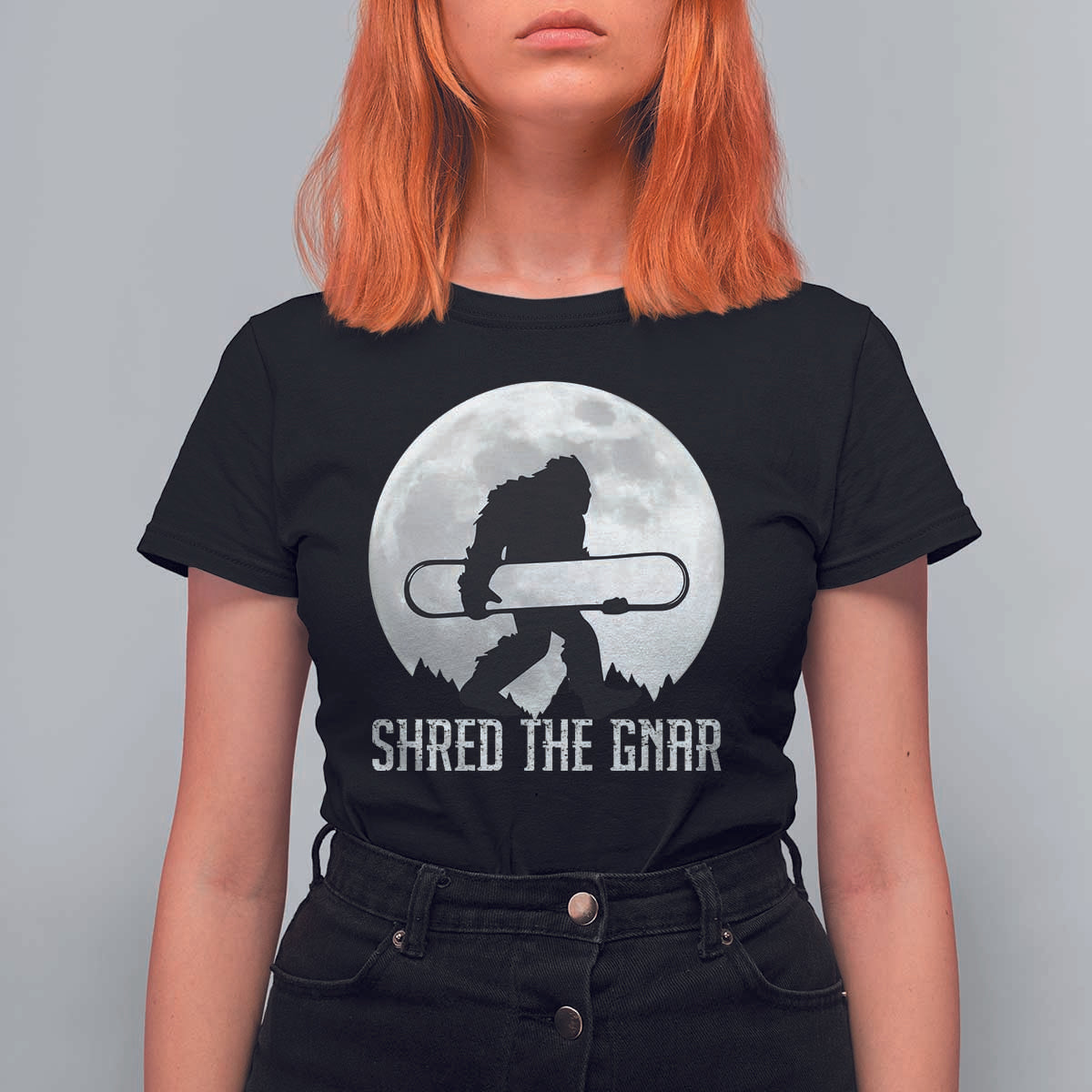 Funny Bigfoot Snowboarding T Shirt For Women Shred The Gnar Moon Snowboard - Wonder Print Shop