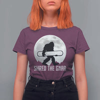 Funny Bigfoot Snowboarding T Shirt For Women Shred The Gnar Moon Snowboard - Wonder Print Shop