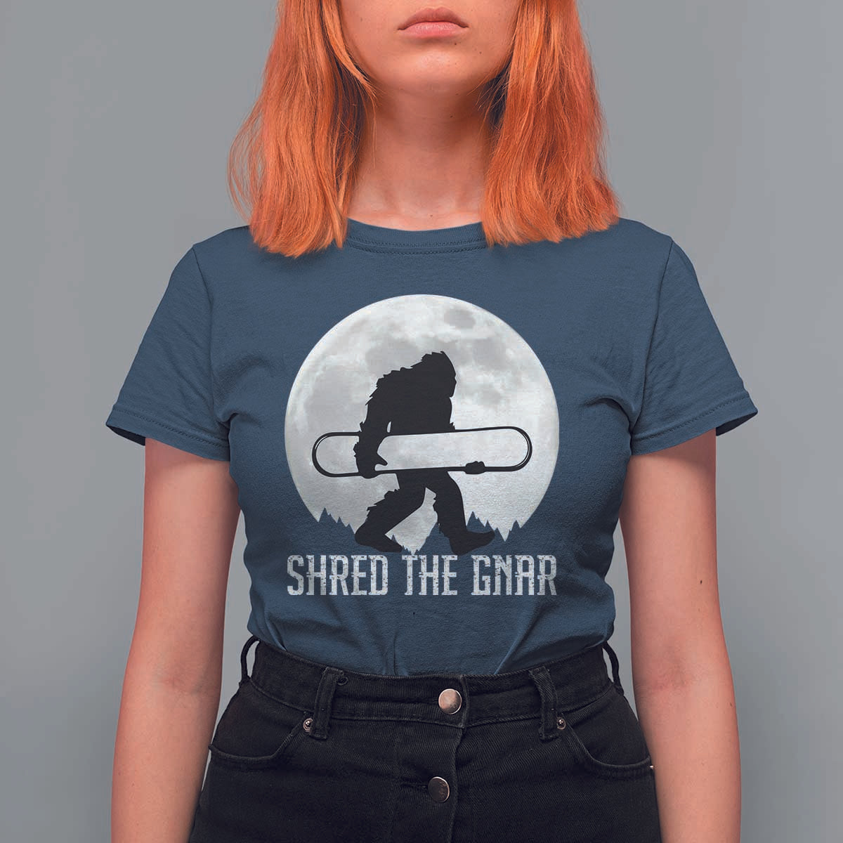 Funny Bigfoot Snowboarding T Shirt For Women Shred The Gnar Moon Snowboard - Wonder Print Shop