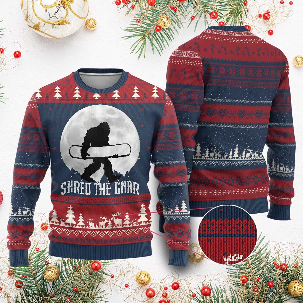 Funny Bigfoot Snowboarding Ugly Christmas Sweater Shred The Gnar Moon Snowboard - Wonder Print Shop