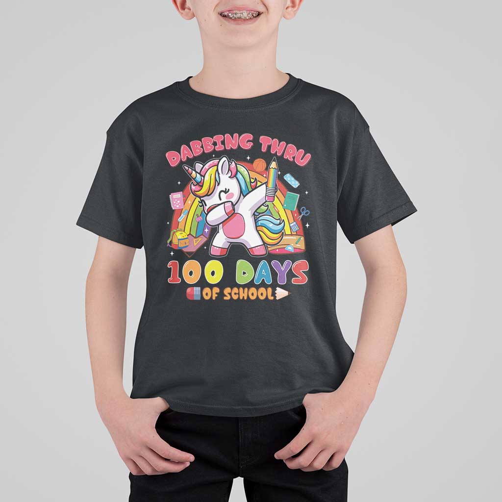 Funny Dabbing Thru 100 Days Of School T Shirt For Kid Dabbing Unicorn Rainbow