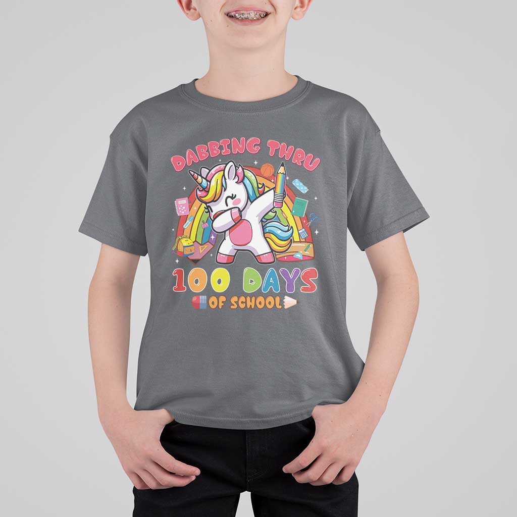 Funny Dabbing Thru 100 Days Of School T Shirt For Kid Dabbing Unicorn Rainbow