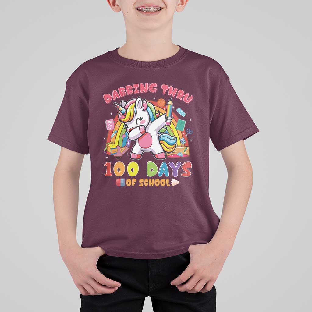 Funny Dabbing Thru 100 Days Of School T Shirt For Kid Dabbing Unicorn Rainbow