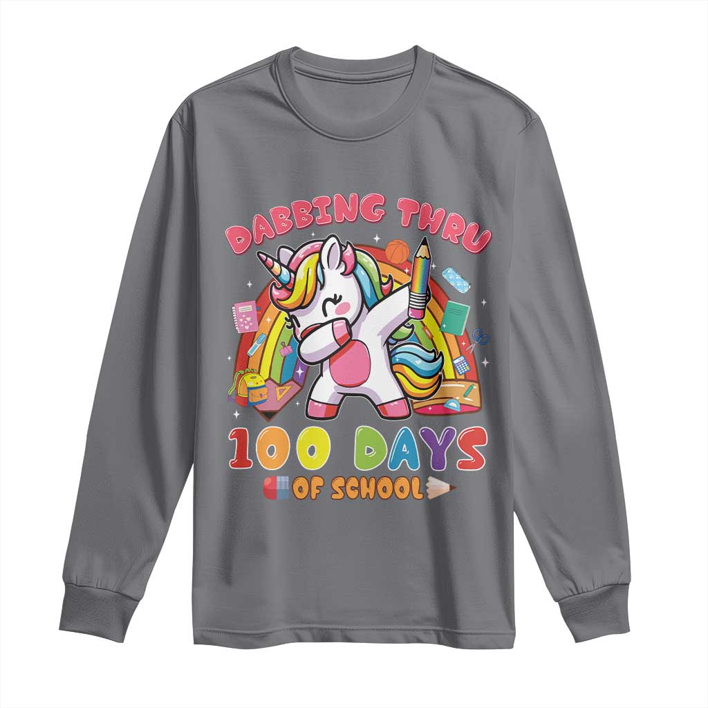 Funny Dabbing Thru 100 Days Of School Long Sleeve Shirt Dabbing Unicorn Rainbow