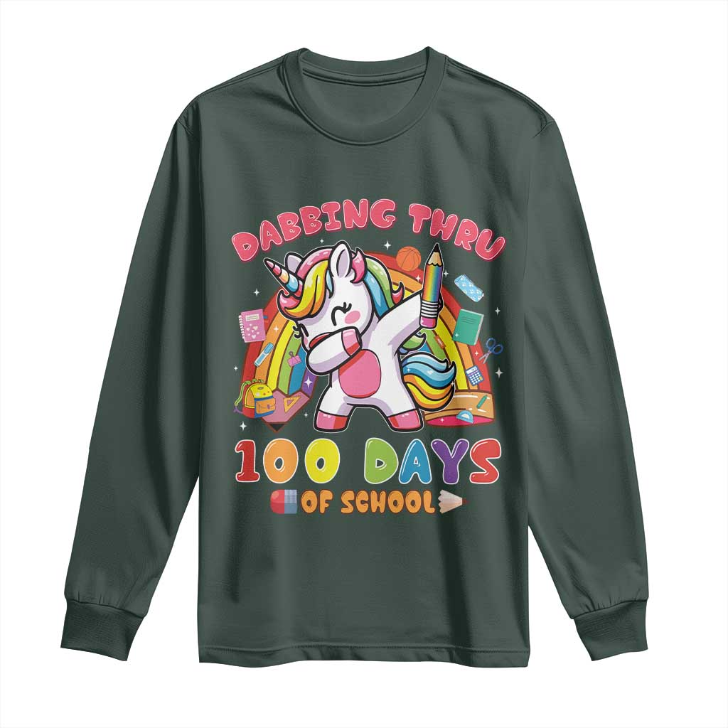 Funny Dabbing Thru 100 Days Of School Long Sleeve Shirt Dabbing Unicorn Rainbow