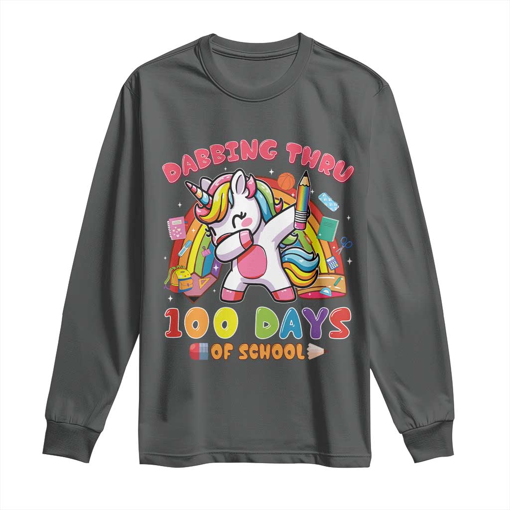Funny Dabbing Thru 100 Days Of School Long Sleeve Shirt Dabbing Unicorn Rainbow