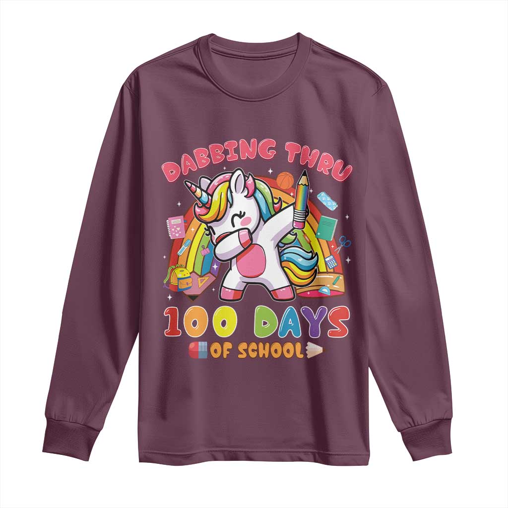 Funny Dabbing Thru 100 Days Of School Long Sleeve Shirt Dabbing Unicorn Rainbow