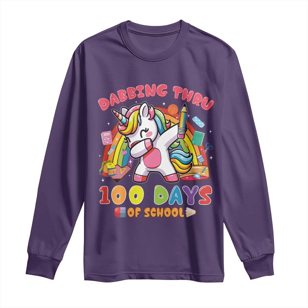 Funny Dabbing Thru 100 Days Of School Long Sleeve Shirt Dabbing Unicorn Rainbow