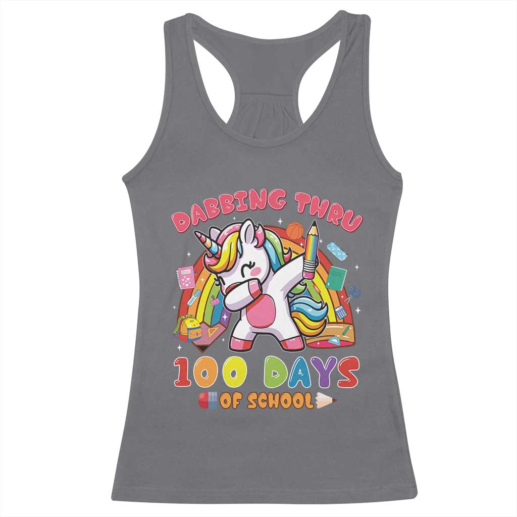 Funny Dabbing Thru 100 Days Of School Racerback Tank Top Dabbing Unicorn Rainbow