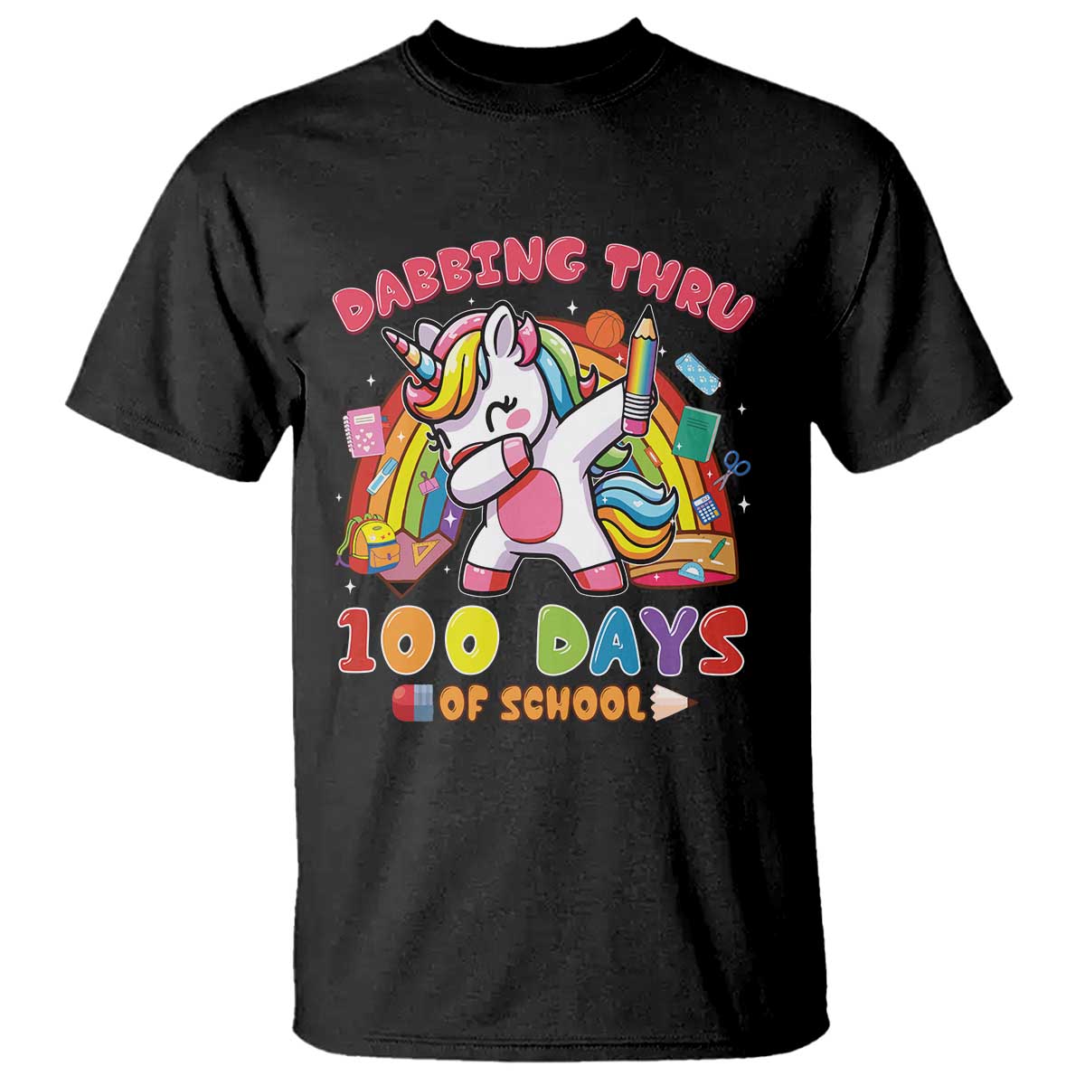 Funny Dabbing Thru 100 Days Of School T Shirt Dabbing Unicorn Rainbow