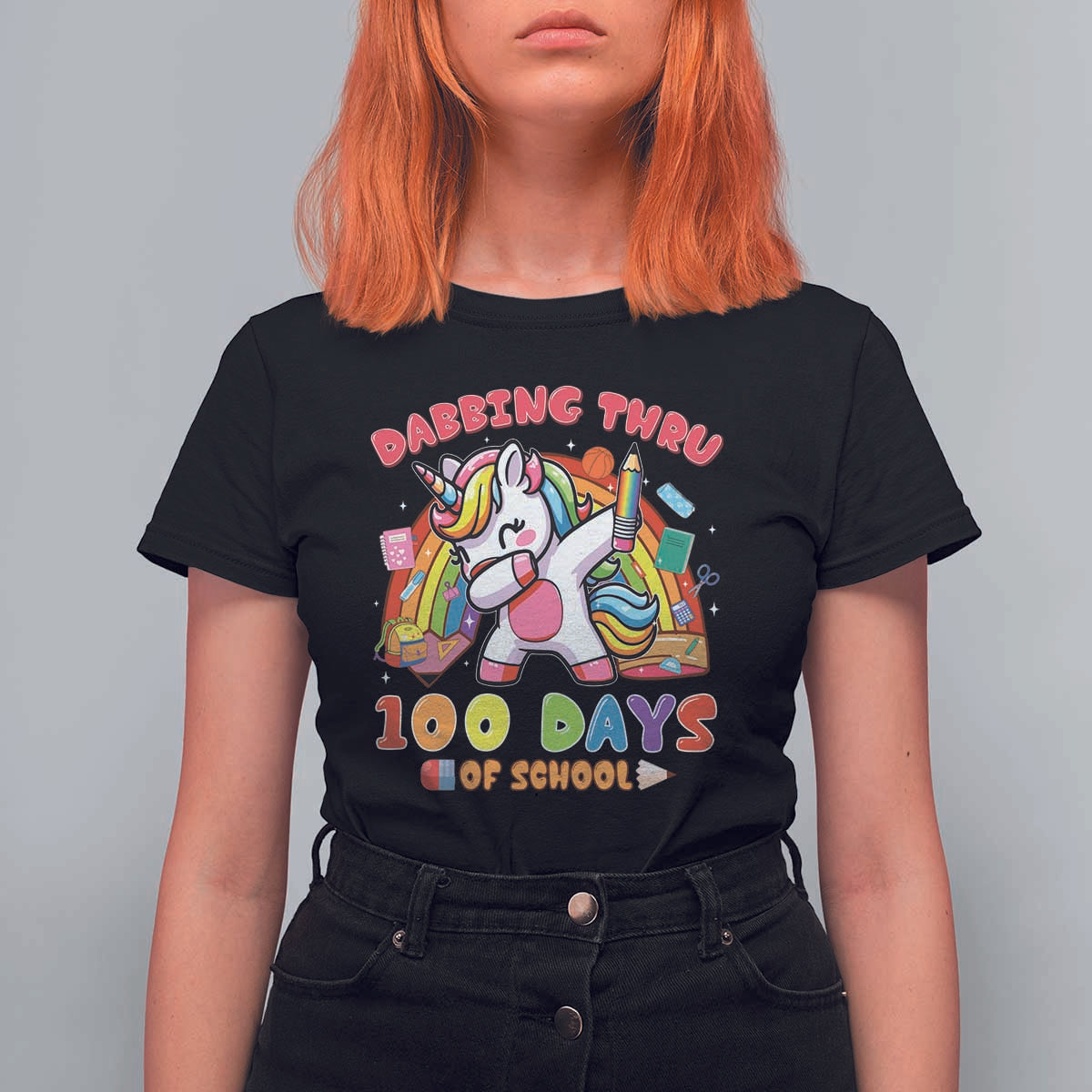 Funny Dabbing Thru 100 Days Of School T Shirt For Women Dabbing Unicorn Rainbow