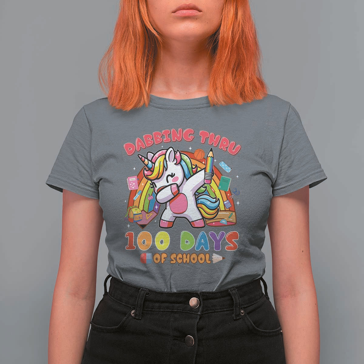 Funny Dabbing Thru 100 Days Of School T Shirt For Women Dabbing Unicorn Rainbow