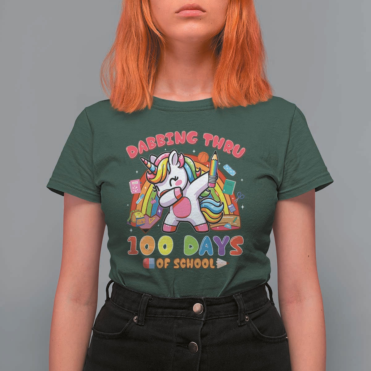 Funny Dabbing Thru 100 Days Of School T Shirt For Women Dabbing Unicorn Rainbow