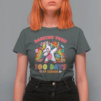 Funny Dabbing Thru 100 Days Of School T Shirt For Women Dabbing Unicorn Rainbow