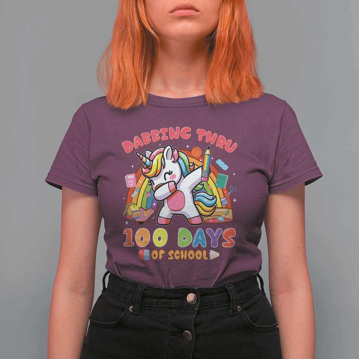 Funny Dabbing Thru 100 Days Of School T Shirt For Women Dabbing Unicorn Rainbow