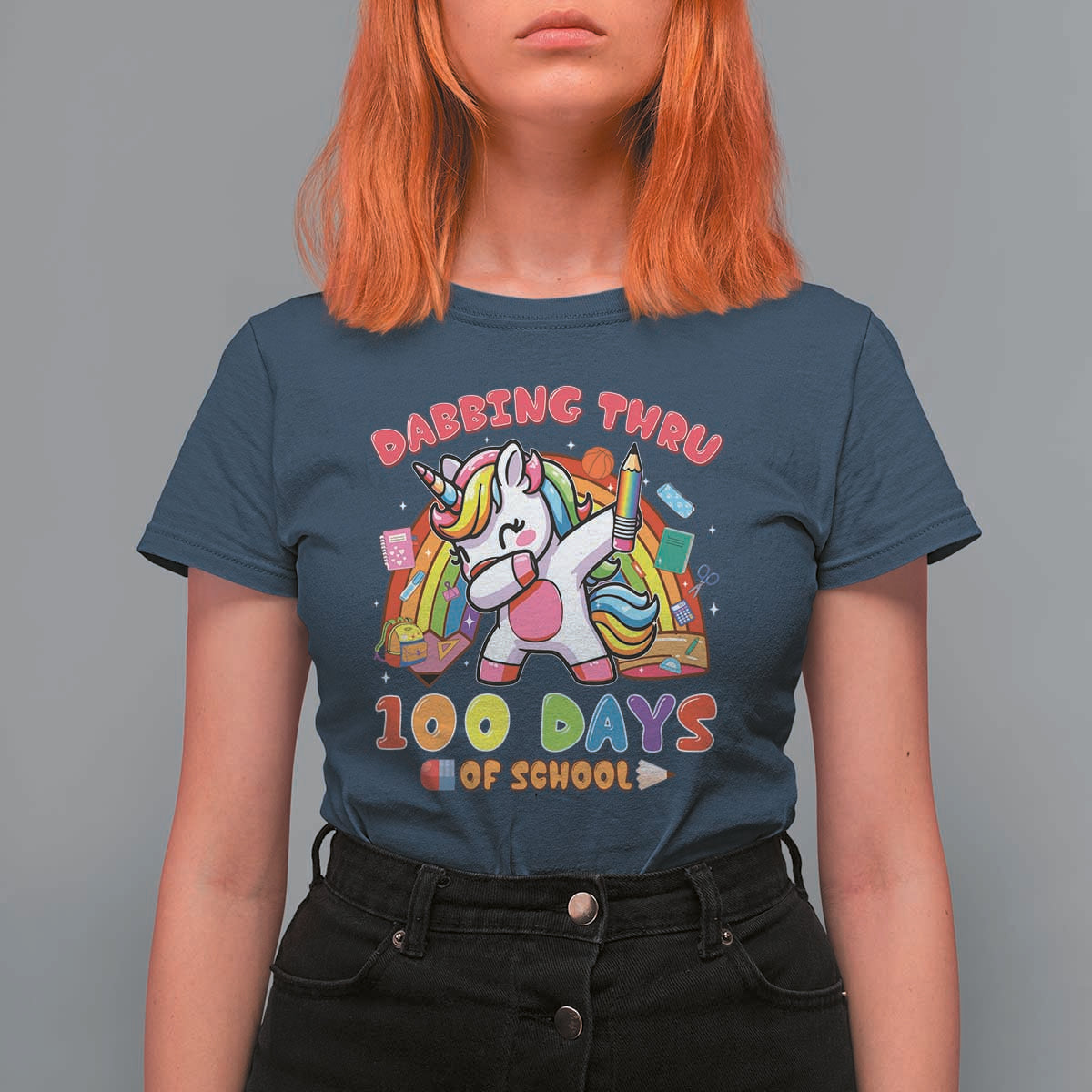 Funny Dabbing Thru 100 Days Of School T Shirt For Women Dabbing Unicorn Rainbow