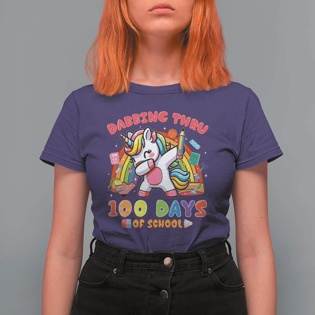 Funny Dabbing Thru 100 Days Of School T Shirt For Women Dabbing Unicorn Rainbow