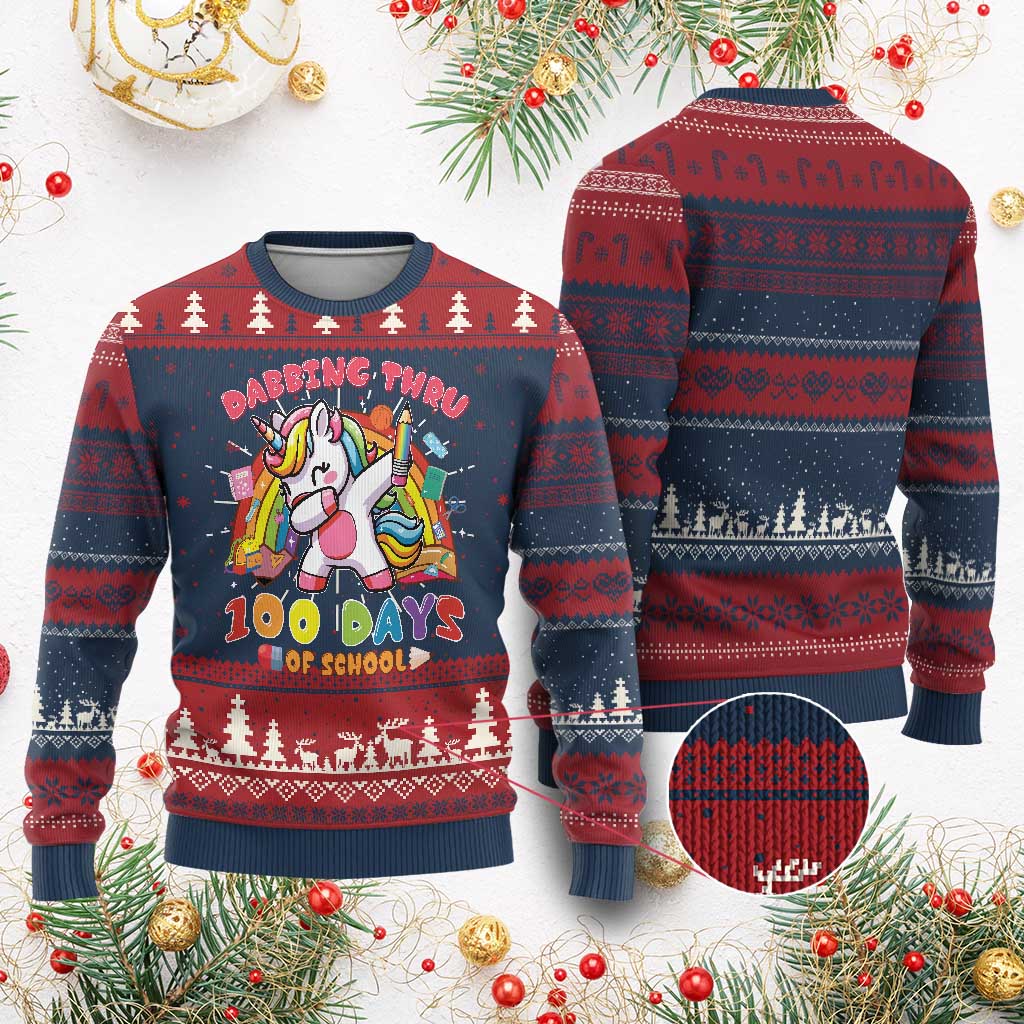Funny Dabbing Thru 100 Days Of School Knitted Sweatshirt Dabbing Unicorn Rainbow