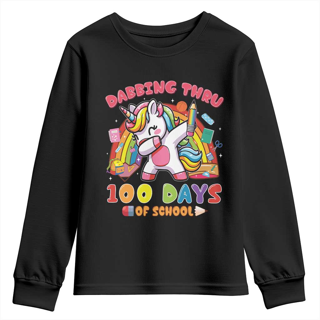 Funny Dabbing Thru 100 Days Of School Youth Sweatshirt Dabbing Unicorn Rainbow