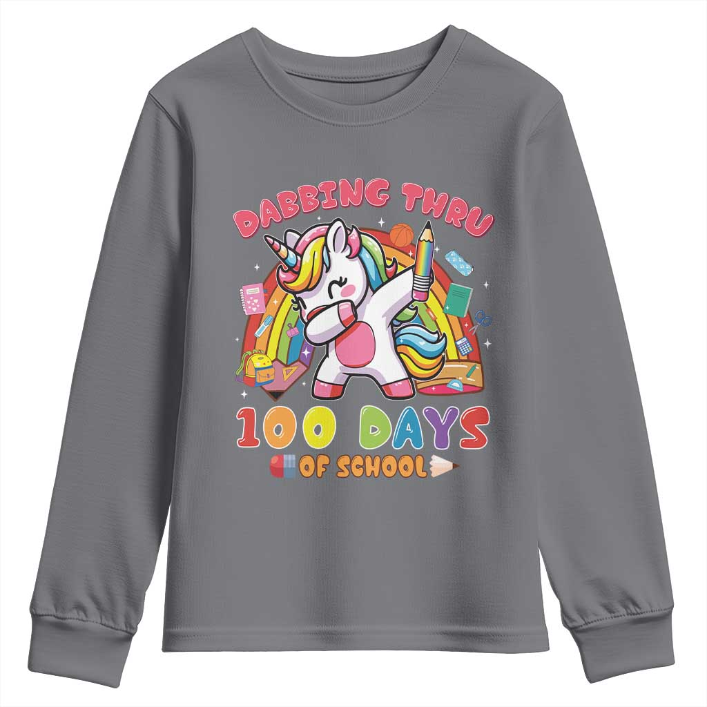 Funny Dabbing Thru 100 Days Of School Youth Sweatshirt Dabbing Unicorn Rainbow