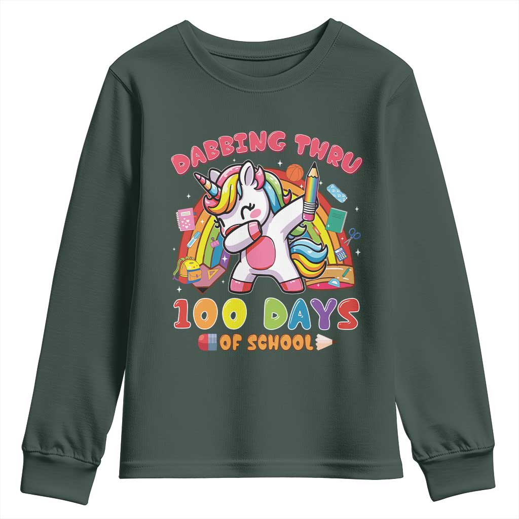 Funny Dabbing Thru 100 Days Of School Youth Sweatshirt Dabbing Unicorn Rainbow