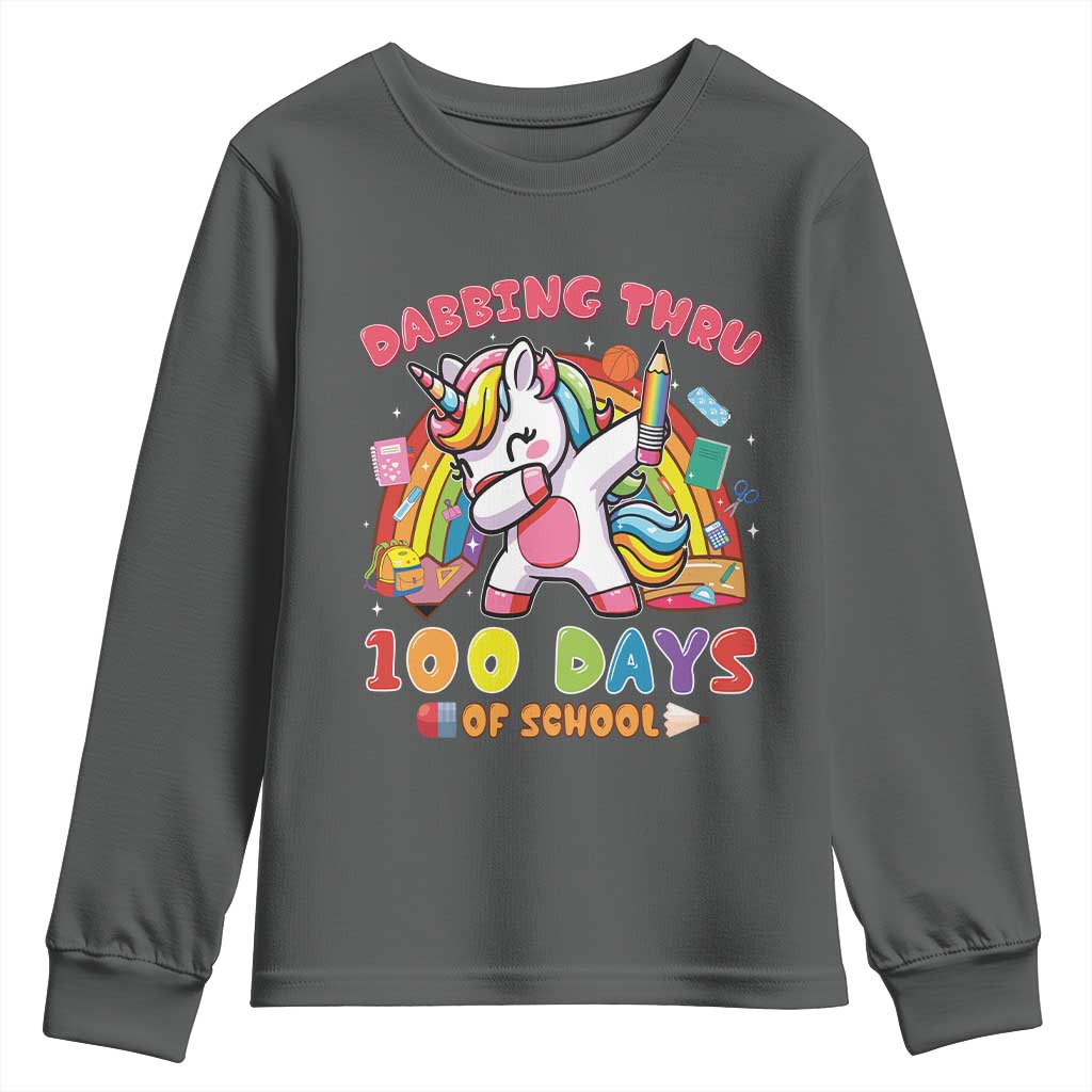 Funny Dabbing Thru 100 Days Of School Youth Sweatshirt Dabbing Unicorn Rainbow
