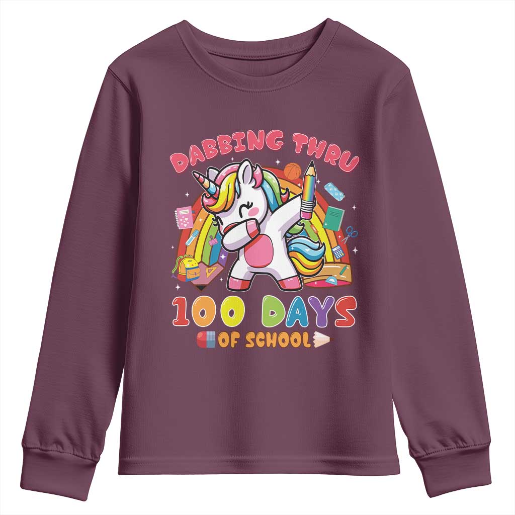 Funny Dabbing Thru 100 Days Of School Youth Sweatshirt Dabbing Unicorn Rainbow