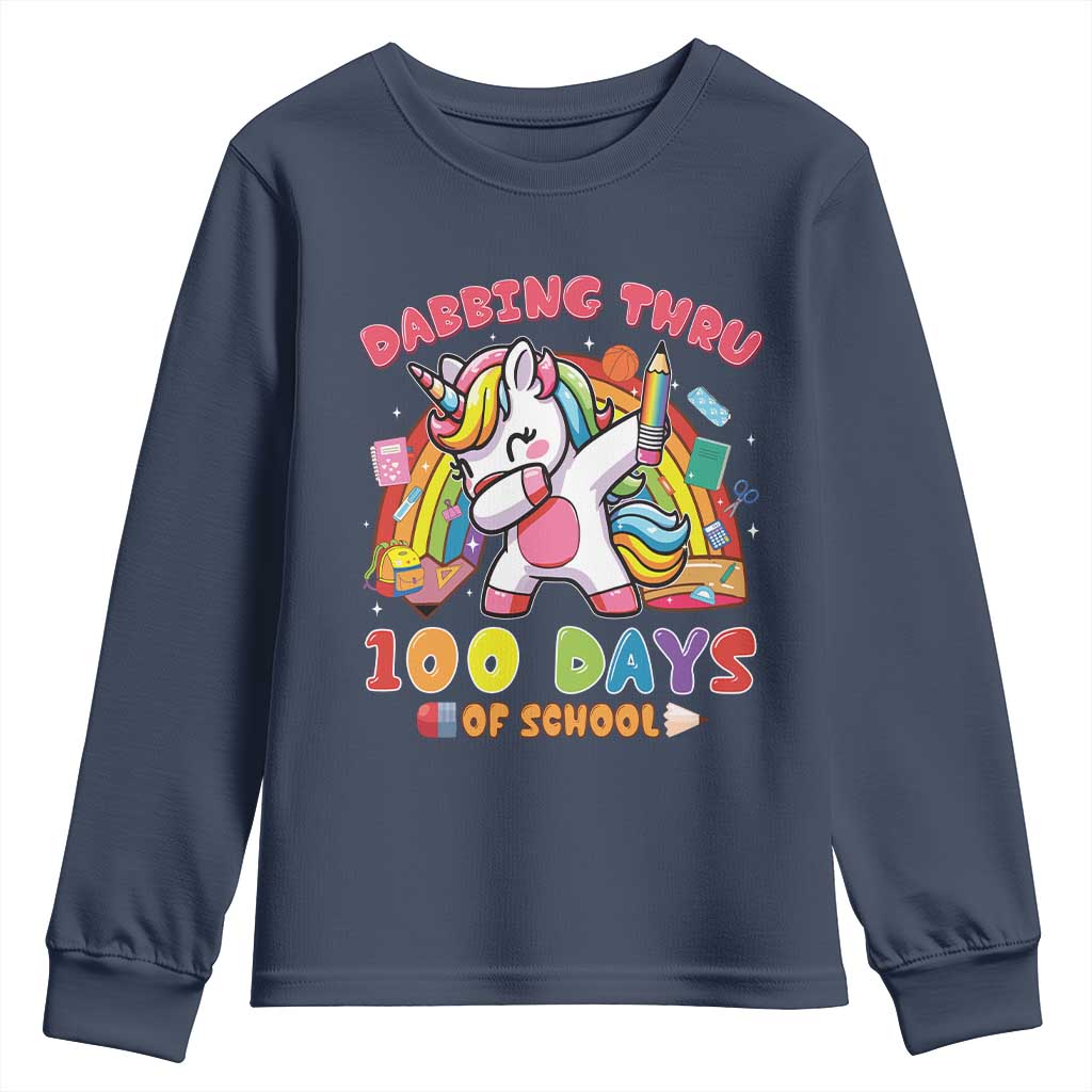Funny Dabbing Thru 100 Days Of School Youth Sweatshirt Dabbing Unicorn Rainbow