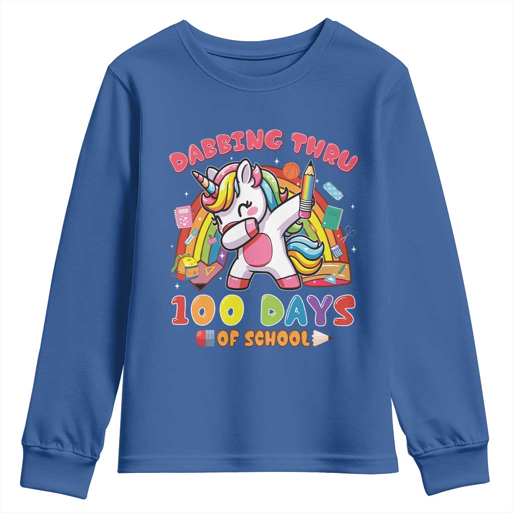 Funny Dabbing Thru 100 Days Of School Youth Sweatshirt Dabbing Unicorn Rainbow