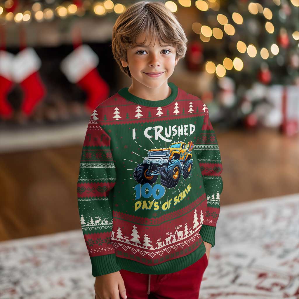 Funny I Crushed 100 Days Of School Knitted Sweatshirt Monster Truck 100th Day Of School