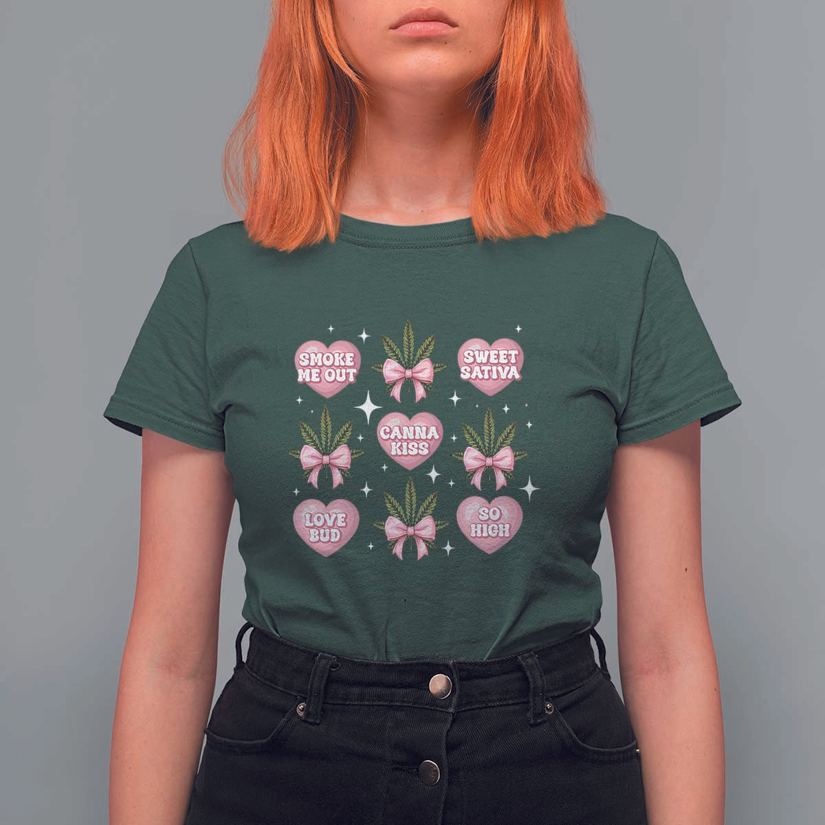 Funny Valentine's Day Weed Cannabis Marijuana Hearts Coquette T Shirt For Women