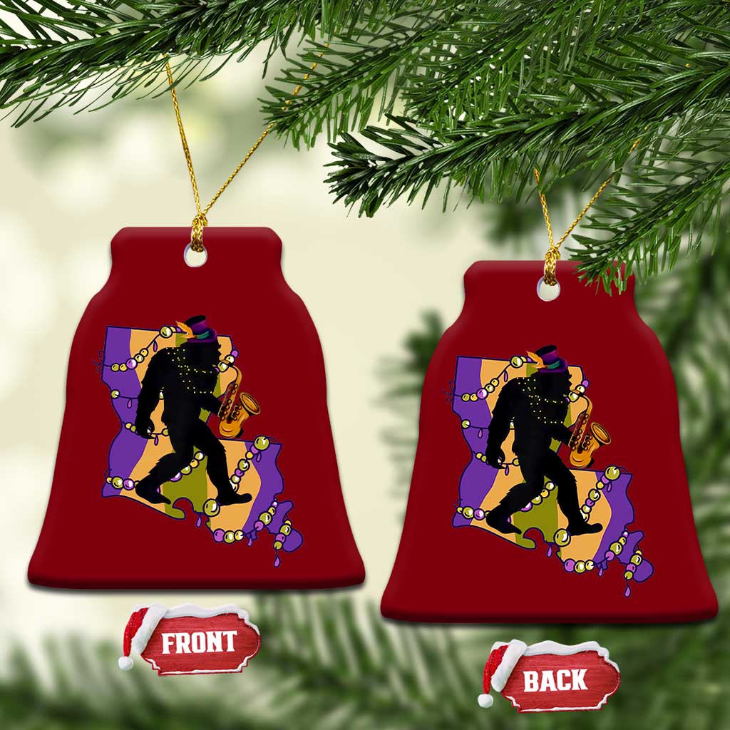Funny Bigfoot Mardi Gras Louisiana Map Jazz Music Ceramic Ornament