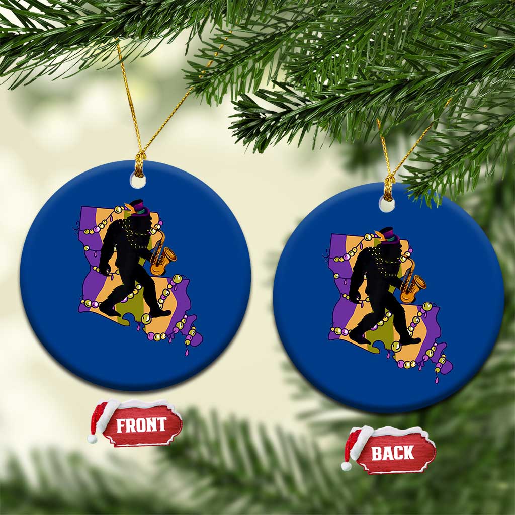 Funny Bigfoot Mardi Gras Louisiana Map Jazz Music Ceramic Ornament