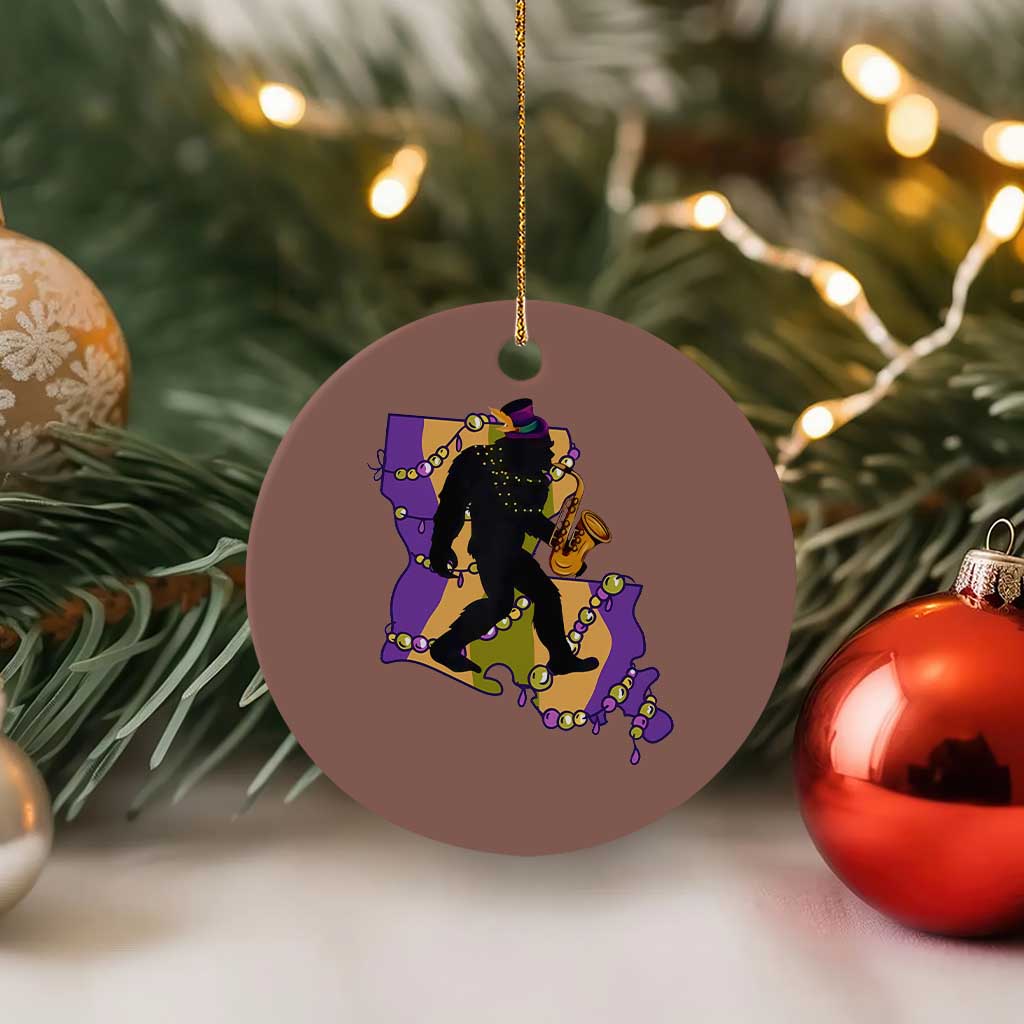 Funny Bigfoot Mardi Gras Louisiana Map Jazz Music Ceramic Ornament