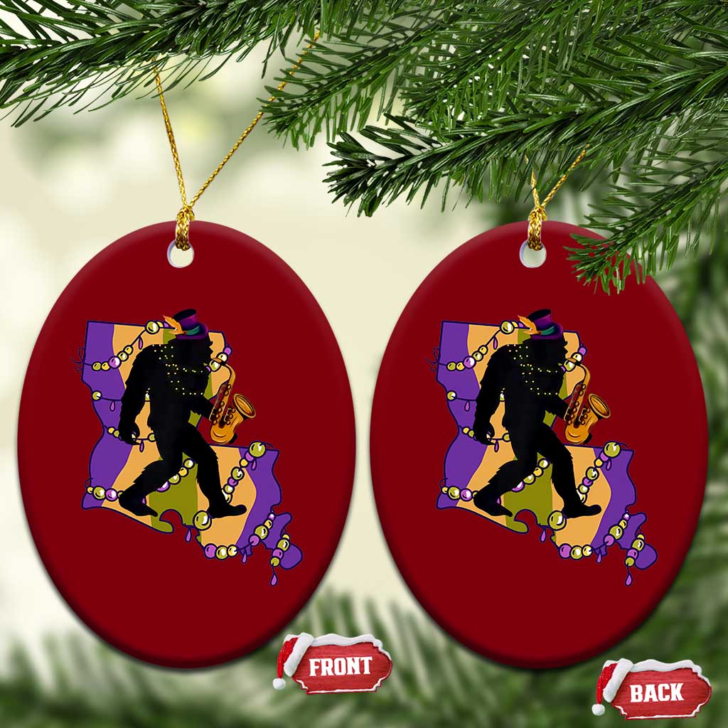 Funny Bigfoot Mardi Gras Louisiana Map Jazz Music Ceramic Ornament