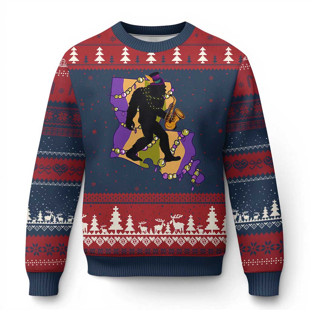 Funny Bigfoot Mardi Gras Louisiana Map Jazz Music Ugly Christmas Sweater