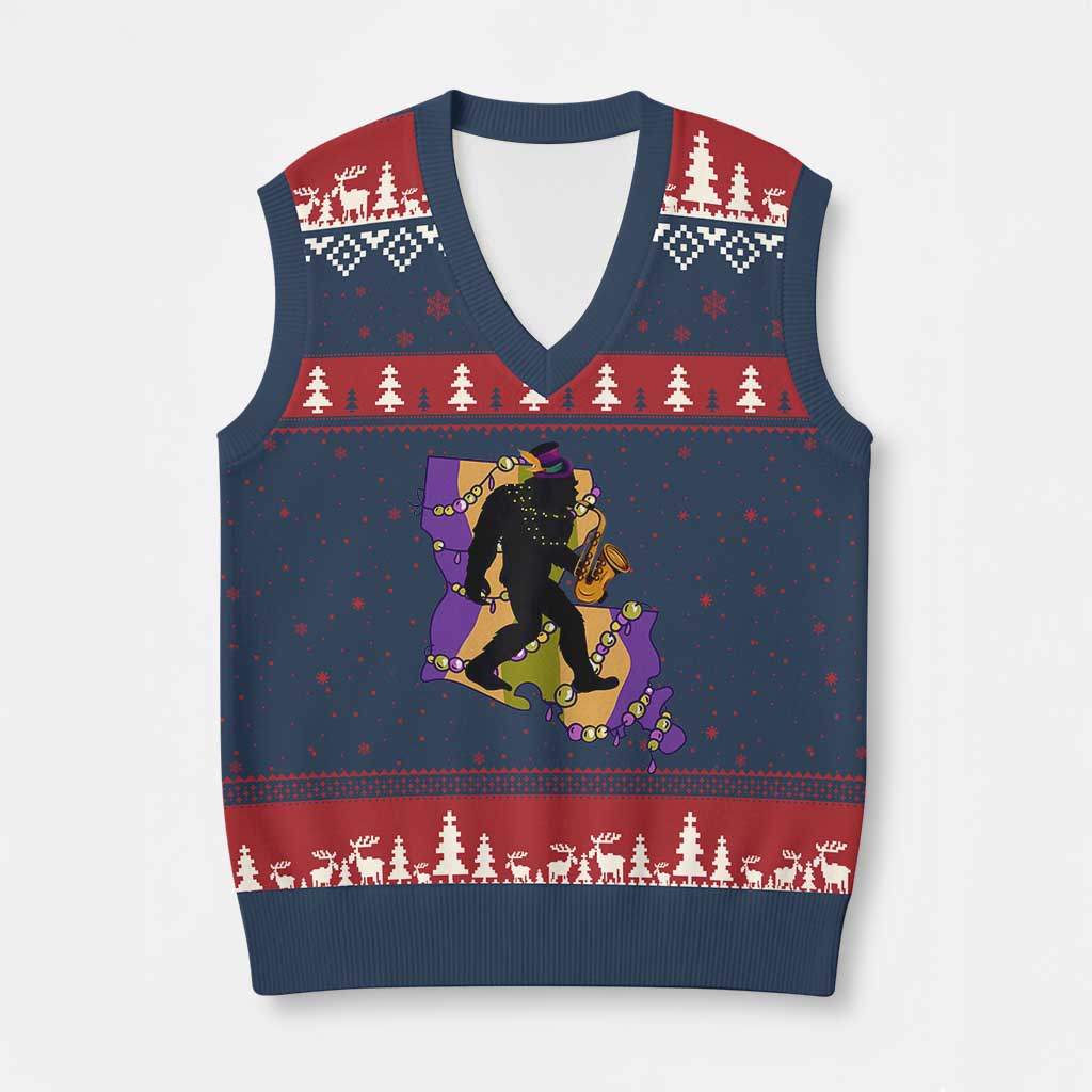 Funny Bigfoot Mardi Gras Louisiana Map Jazz Music V-Neck Knit Sweater Vest